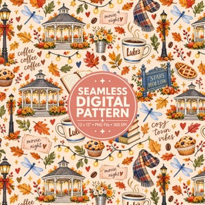 May include: A seamless digital pattern featuring autumn-themed illustrations including gazebos, coffee mugs labelled Luke's, muffins, plaid scarves, street lamps, dragonflies, books, and movie night tickets on a light cream background.