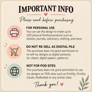 May include: A beige informational graphic with dark brown text titled IMPORTANT INFO. It lists three sections: FOR PERSONAL USE with a printer icon, DO NOT RE-SELL AS DIGITAL FILE with a shopping cart icon, and NOT FOR POD SITES with a globe icon.