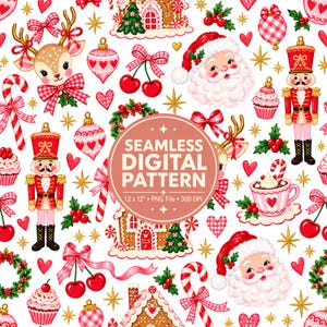 Può includere: Un motivo digitale senza cuciture con icone natalizie tra cui Babbo Natale, schiaccianoci, case di pan di zenzero, renne, bastoncini di zucchero, ciliegie con fiocchi, cupcake e cuori su sfondo bianco con il testo SEAMLESS DIGITAL PATTERN.