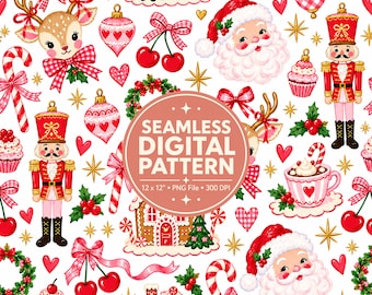 May include: A seamless digital pattern featuring Christmas icons including Santa Claus, nutcrackers, gingerbread houses, reindeer, candy canes, cherries with bows, cupcakes, and hearts on a white background with the text SEAMLESS DIGITAL PATTERN.