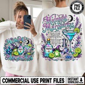 May include: A white sweatshirt featuring a graphic print of a frog wearing a witch hat, a tequila bottle, a margarita glass, and lime slices. The text reads Midnight Margaritas and includes a poem about the night, salt, lime, and moonlit magic.