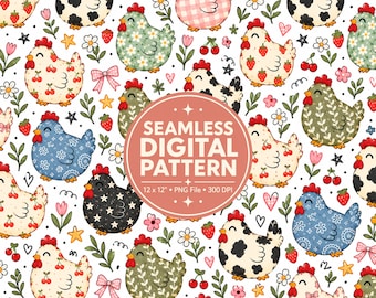 May include: A seamless digital pattern featuring cartoon chickens with various patterns including strawberries, cherries, stars, and floral prints, interspersed with small flowers, hearts, and bows. A central circular label reads SEAMLESS DIGITAL PATTERN 12 x 12" PNG File 300 DPI.