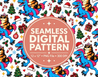 May include: A seamless digital pattern featuring blue dinosaurs with pink accents, each carrying a cat wearing a tiara and sunglasses. The background includes Christmas trees, presents, candy canes, and Santa hats. Text reads: SEAMLESS DIGITAL PATTERN 12 x 12" PNG File 300 DPI.