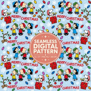 May include: A seamless digital pattern on a light blue background featuring Snoopy on a red doghouse, Charlie Brown characters singing, Christmas lights, snowflakes, and the red text Merry Christmas. The central overlay reads Seamless Digital Pattern 12 x 12 inches PNG File 300 DPI.