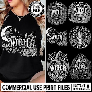 May include: A black sweatshirt featuring a white graphic print with the text There's a Little Witch in All of Us, accompanied by illustrations of a crescent moon, a flying witch, crystals, and potion bottles, alongside five additional circular designs.