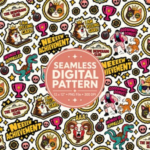 May include: A seamless digital pattern featuring cartoon illustrations of cats wearing crowns, a man in athletic gear, a dinosaur, trophies, bombs, skulls, and stars. Text includes "THE DESPERADO CLUB," "I AM YELLING, CARL!," "NEEEEW ACHIEVEMENT," "MONGO IS APPALLED," and "GODAMNIT, DONUT!."