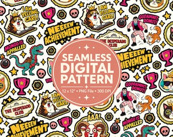 May include: A seamless digital pattern featuring cartoon illustrations of cats wearing crowns, a man in athletic gear, a dinosaur, trophies, bombs, skulls, and stars. Text includes "THE DESPERADO CLUB," "I AM YELLING, CARL!," "NEEEEW ACHIEVEMENT," "MONGO IS APPALLED," and "GODAMNIT, DONUT!."