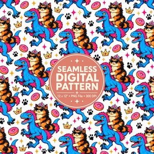 May include: A seamless digital pattern featuring a repeating illustration of a fluffy orange and black cat wearing a pink crown and sunglasses, riding a blue dinosaur. The background includes pink donuts, yellow crowns, and black paw prints.