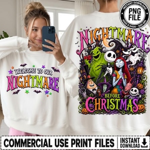 Può includere: Una felpa bianca a maniche lunghe con una stampa grafica dei personaggi di Nightmare Before Christmas. La parte anteriore mostra il testo Welcome To Our Nightmare con stelle e pipistrelli colorati. Il retro mostra una scena dettagliata con Jack Skellington, Sally, Oogie Boogie e altri personaggi con il testo Nightmare Before Christmas.