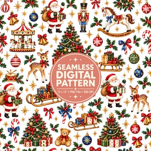 May include: A seamless digital pattern featuring Christmas icons including Santa Claus, nutcrackers, rocking horses, reindeer, decorated trees, sleds with gifts, candy canes, bells, and ornaments on a white background with gold stars.