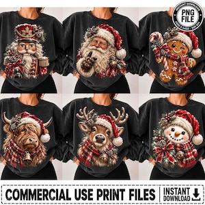 May include: A collection of six black sweatshirts featuring festive holiday graphics including a nutcracker, Santa Claus, a gingerbread man, a Highland cow, a reindeer, and a snowman, all wearing red and white winter accessories.