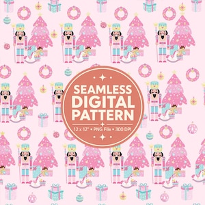 Rosa nötknäppare jul sömlöst mönster, flickigt pastellfärgat semesterdesign för flickkläder, tyg, rosetter och butikshantverk
