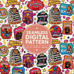May include: A seamless digital pattern featuring colorful cartoon illustrations of a goat, a cat, a dinosaur, and a stack of books with the text Dungeon Crawler Carl, You Will Not Break Me, and Viva La Revolucion, Carl on a white background.