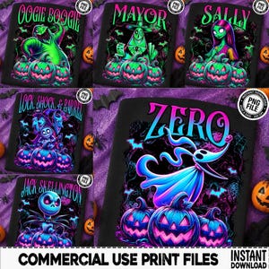 Puede incluir: Una colección de cinco impresiones digitales negras con personajes de Pesadilla antes de Navidad, incluidos Oogie Boogie, el alcalde, Sally, Lock, Shock y Barrel, Jack Skellington y Zero, cada uno rodeado de calabazas brillantes y murciélagos.