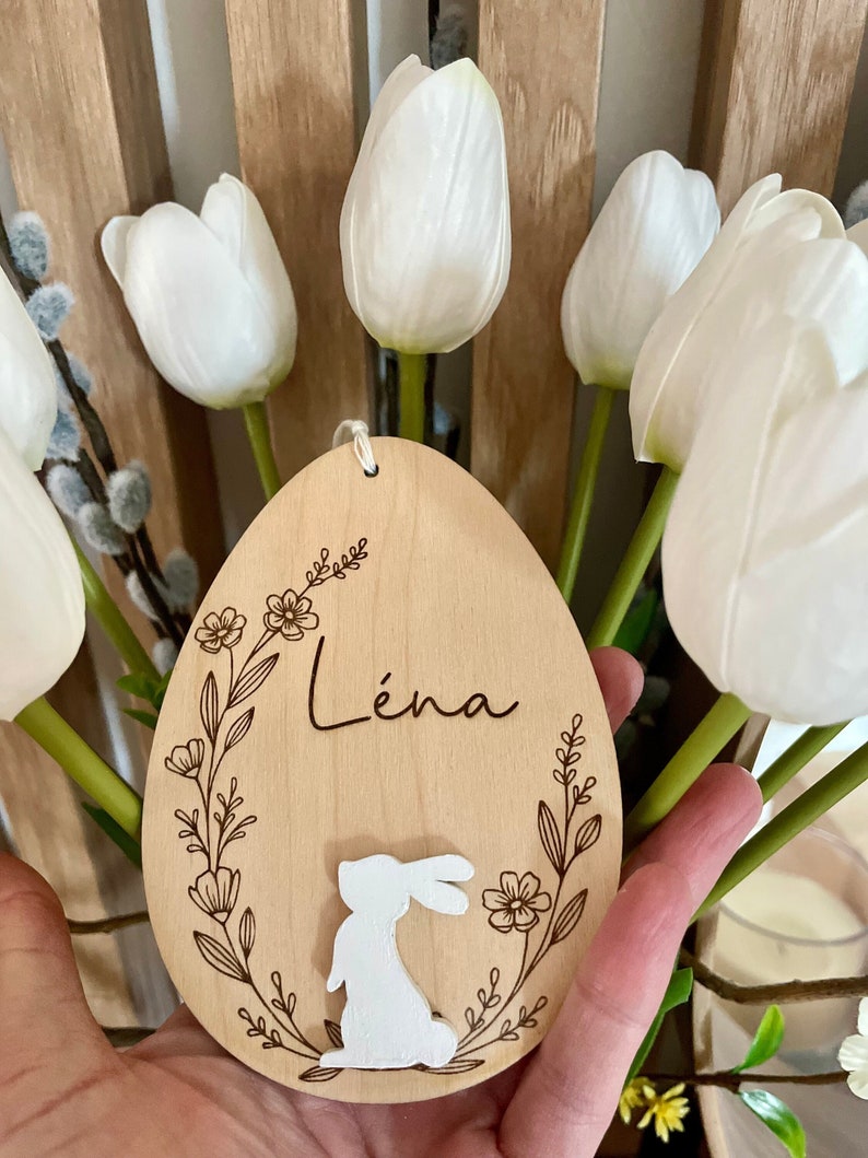 Personalized Easter medallion/label/decoration rabbit and flowers image 1