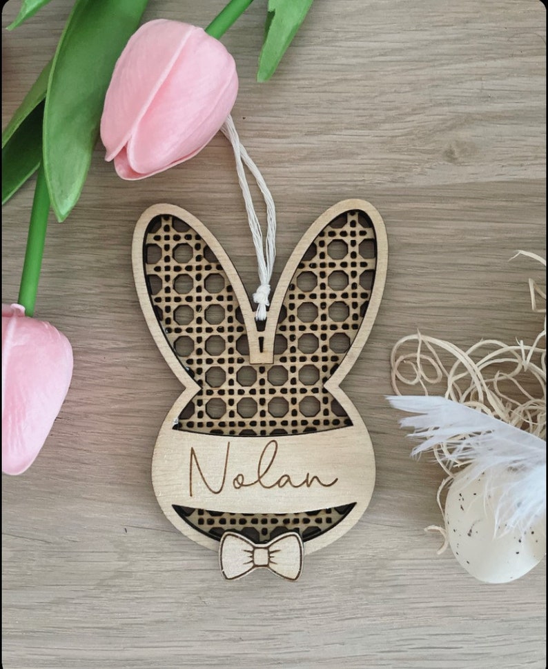 Personalized Easter medallion/decoration/label for boy, rattan rabbit image 2