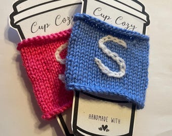 Handmade Coffee Cup Sleeve/Cozy customizable with initials or cables  knit version