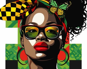 May include: A digital illustration of a woman with dark curly hair wearing a colorful head wrap, large sunglasses, and red lipstick. The background is a geometric pattern of black, green, and red.