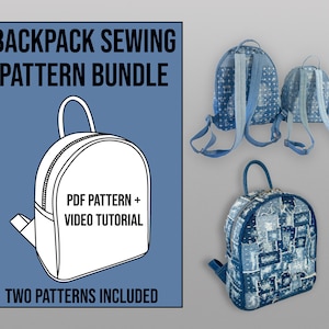 Peut inclure: Un lot de patrons numériques téléchargeables pour coudre deux sacs à dos de tailles différentes. L'image montre un dessin au trait d'un petit sac à dos et deux photos de sacs à dos en denim. Le texte sur l'image indique "Backpack Sewing Pattern Bundle", "PDF Pattern + Video Tutorial", et "Two Patterns Included".