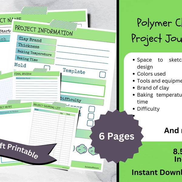 Journal de projet imprimable VERT en pâte polymère, agenda de créations artisanales en argile cuite au four, organisateur de projet, journal de créations en argile, journal créatif