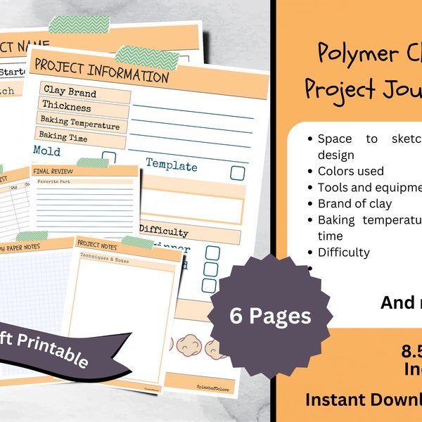 Journal de projets imprimable ORANGE en pâte polymère, agenda de créations artisanales en argile cuite au four, organisateur de projet, journal de créations en argile, journal créatif