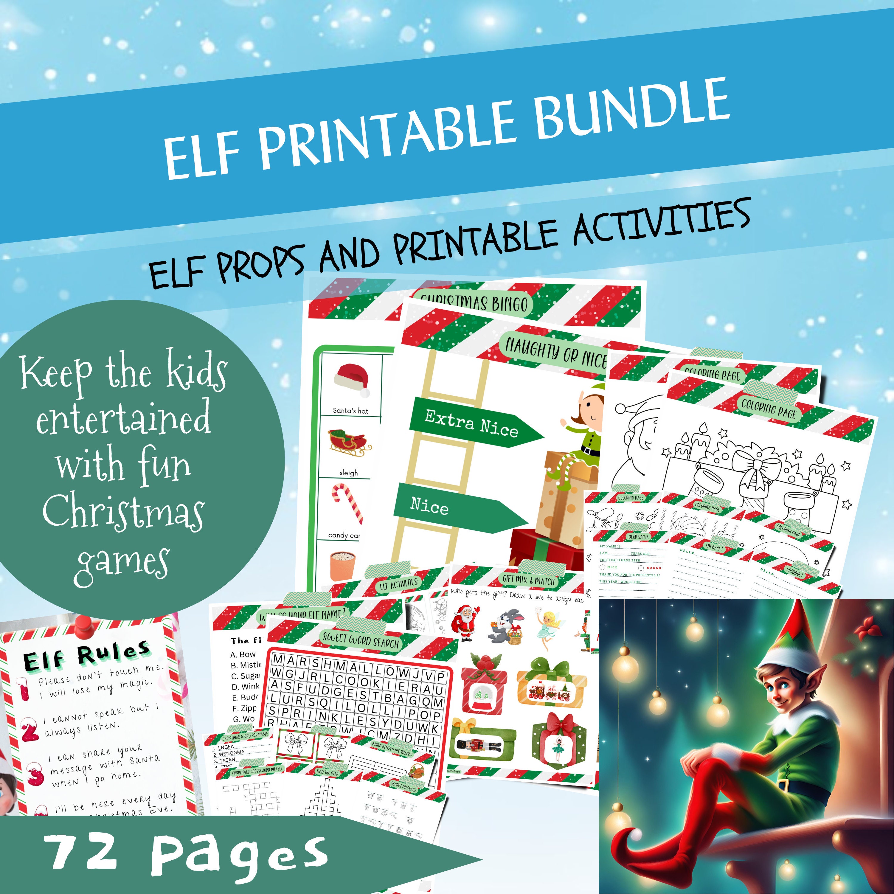 Elf Printable Bundle With Props and Games, 25 Christmas Coloring Book ...