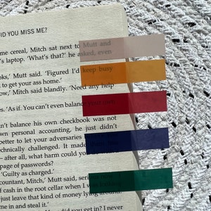 Könnte beinhalten: Ein Buch mit mehreren farbigen Haftnotizen, die verschiedene Passagen markieren. Die Notizen sind rechteckig und durchscheinend, in den Farbtönen Rosa, Orange, Rot, Blau und Grün. Text aus dem Buch ist sichtbar.