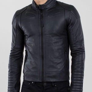 Blouson motard ajusté noir pour homme, Blouson de moto, Blouson en cuir pour homme, Blouson en cuir de mouton pour homme, Blouson d'hiver, Manteau homme, Cadeau pour lui.