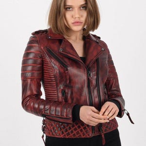 Veste motard en cuir pour femme, veste motard rouge brûlée pour femme, veste en cuir élégante noire pour femme, blazer belle femme, cadeau pour elle