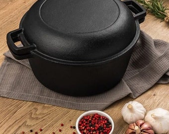 2-in-1 Dutch Oven with Skillet Lid, 5 Quarts Cast Iron, Pot Set, Pre-Seasoned Personalized Gift, Housewarming Gift, Unique Gft, Gift For Her