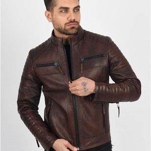 Veste en cuir de mouton matelassée marron Vax pour homme, veste de moto, veste en cuir pour homme, veste en cuir de mouton pour homme, manteau homme, cadeau pour lui.