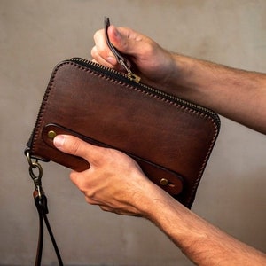 Set van 2 gepersonaliseerde leren clutch, volnerf lederen clutch, leren herenportemonnee, polstas, handgemaakte clutch, herenportemonnee, cadeau voor hem