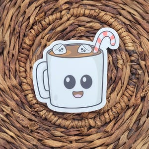 Hot Cocoa Sticker: Smiling Mug, Marshmallows & Candy Cane - Waterproof Vinyl Decal