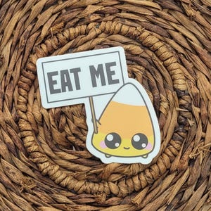 Cute Candy Corn “Eat Me” Sticker – Funny Halloween Vinyl Decal – Kawaii Waterproof Matte Sticker for Laptop, Water Bottle, Journal