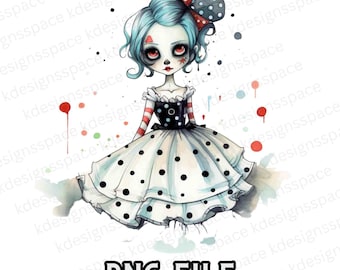 Goth Girl PNG: Polka Dot Dress, Halloween Clipart (Digital Download)
