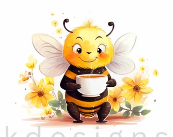Bumble Bee Drinking Coffee Art, Kitchen Decor (Digital Download)