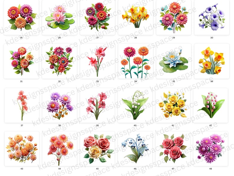 Op de afbeelding: Een verzameling van 48 verschillende bloemstukken, elk met een unieke combinatie van kleuren en soorten bloemen. De bloemen zijn afgebeeld in een realistische stijl, met ingewikkelde details en levendige tinten.