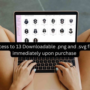 May include: A laptop computer screen displaying a digital download package of 13 graphic images. The text "Access to 13 Downloadable .png and .svg files immediately upon purchase" is displayed on the screen.