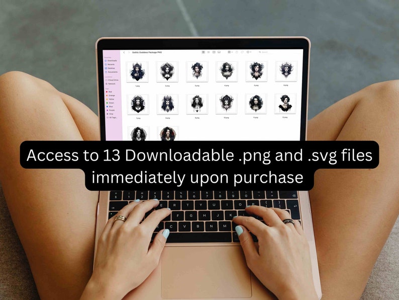 May include: A laptop computer screen displaying a digital download package of 13 graphic images. The text "Access to 13 Downloadable .png and .svg files immediately upon purchase" is displayed on the screen.