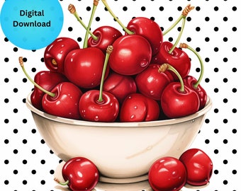 Cherry Bowl Clipart, Transparent PNG (Digital Download)