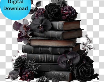 Gothic Floral Book Stack PNG: Dark Academia Clipart (300 DPI Transparent Background)