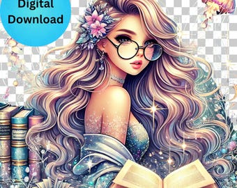 Fantasy Bookish Girl PNG: Blonde Woman Clipart (Digital Download)