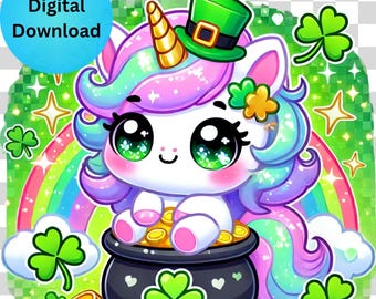 St Patricks Day Unicorn Clipart: Kawaii PNG (Digital Download)