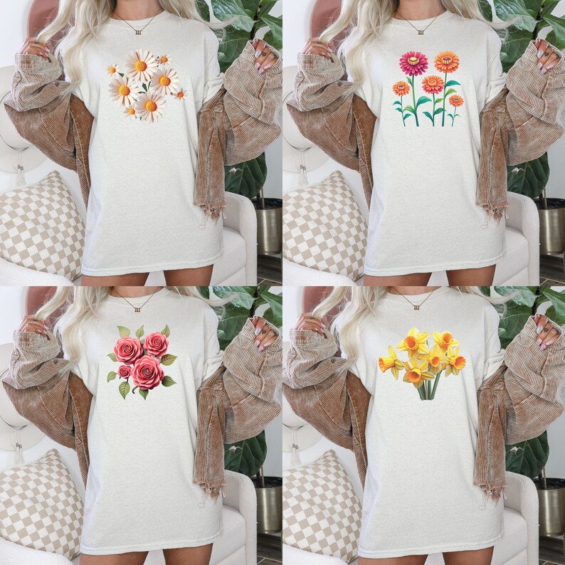 Op de afbeelding: Vier witte shirts met lange mouwen met verschillende bloemenprints. De shirts hebben een boeket witte madeliefjes, een bos rode rozen, een bos gele narcissen en een groep oranje en gele bloemen.