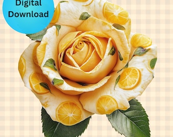 Lemon Print Rose PNG, Designer PNG, Sublimation Designs