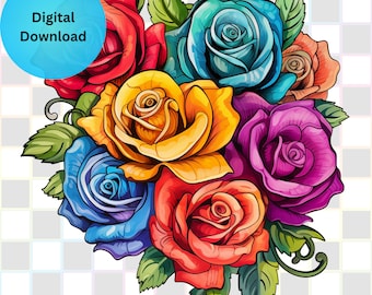 Rainbow Roses Clipart: Transparent PNG for Sublimation (Digital Download)