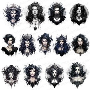 May include: A digital collage of ten images featuring dark-haired women with intricate hairstyles and ornate headwear. Each woman is depicted with a dramatic, gothic aesthetic, wearing dark clothing and jewelry. The images are set against a white background.