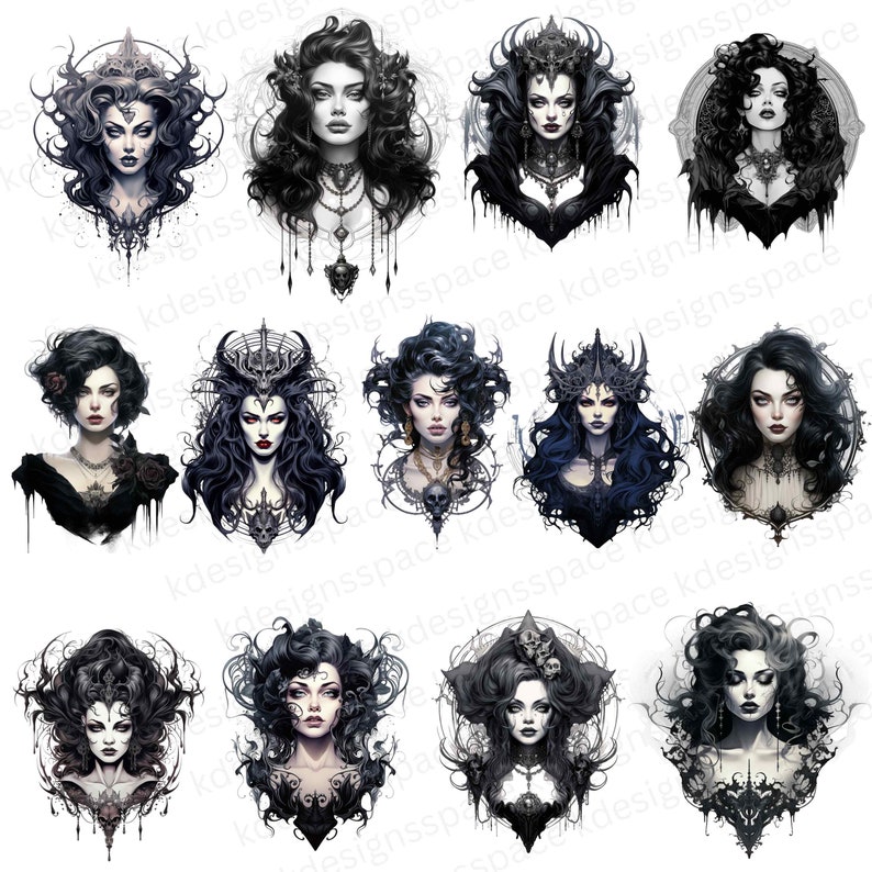 May include: A digital collage of ten images featuring dark-haired women with intricate hairstyles and ornate headwear. Each woman is depicted with a dramatic, gothic aesthetic, wearing dark clothing and jewelry. The images are set against a white background.