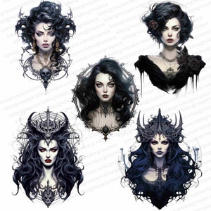 May include: Four digital illustrations of women with dark hair and intricate black and white designs. Each woman has a different crown or headdress and a skull motif.