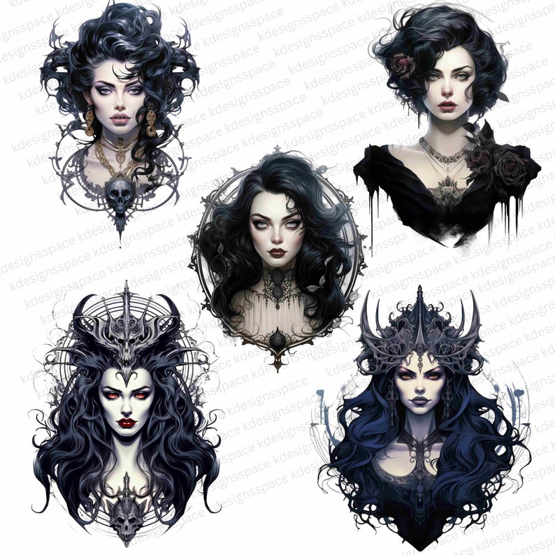 May include: Four digital illustrations of women with dark hair and intricate black and white designs. Each woman has a different crown or headdress and a skull motif.